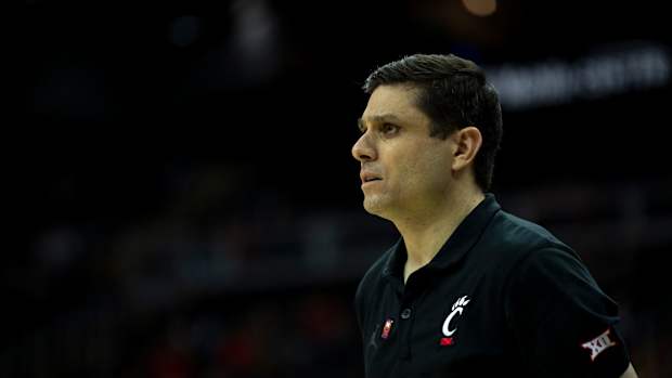 Cincinnati Bearcats head coach Wes Miller looks on in the second half of the Big 12 Conference tournament game between Cincinnati Bearcats and Baylor Bears at T-Mobile Center in Kansas City, Mo., on Thursday, March 14, 2024.